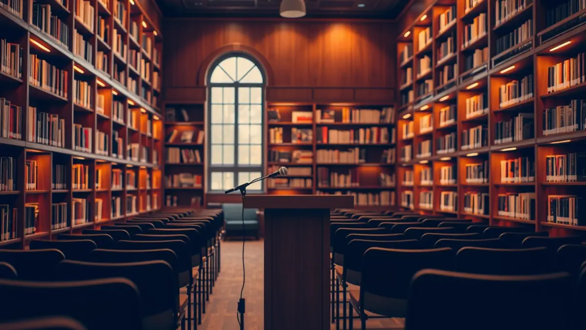 Generic image of a library interior with wooden bookshelves and a cozy reading atmosphere.