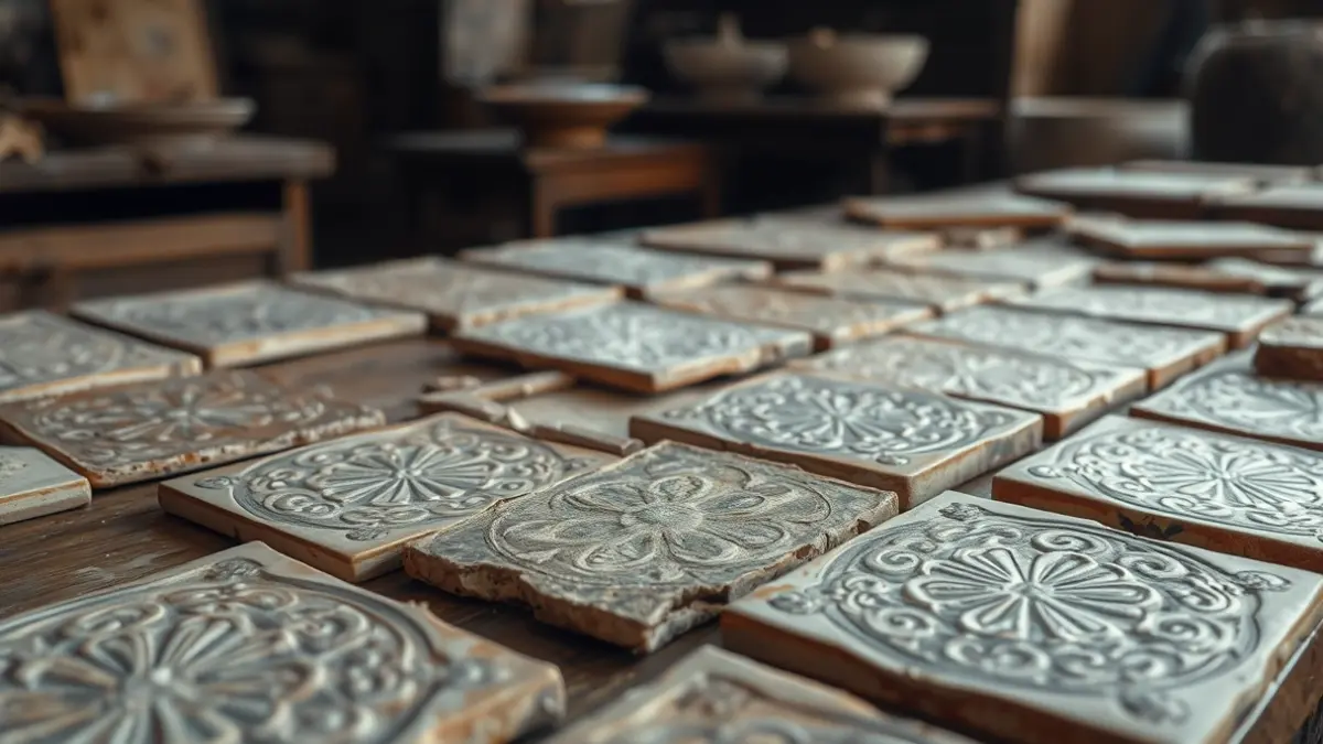 Image of ancient ceramic tiles being restored in a workshop.