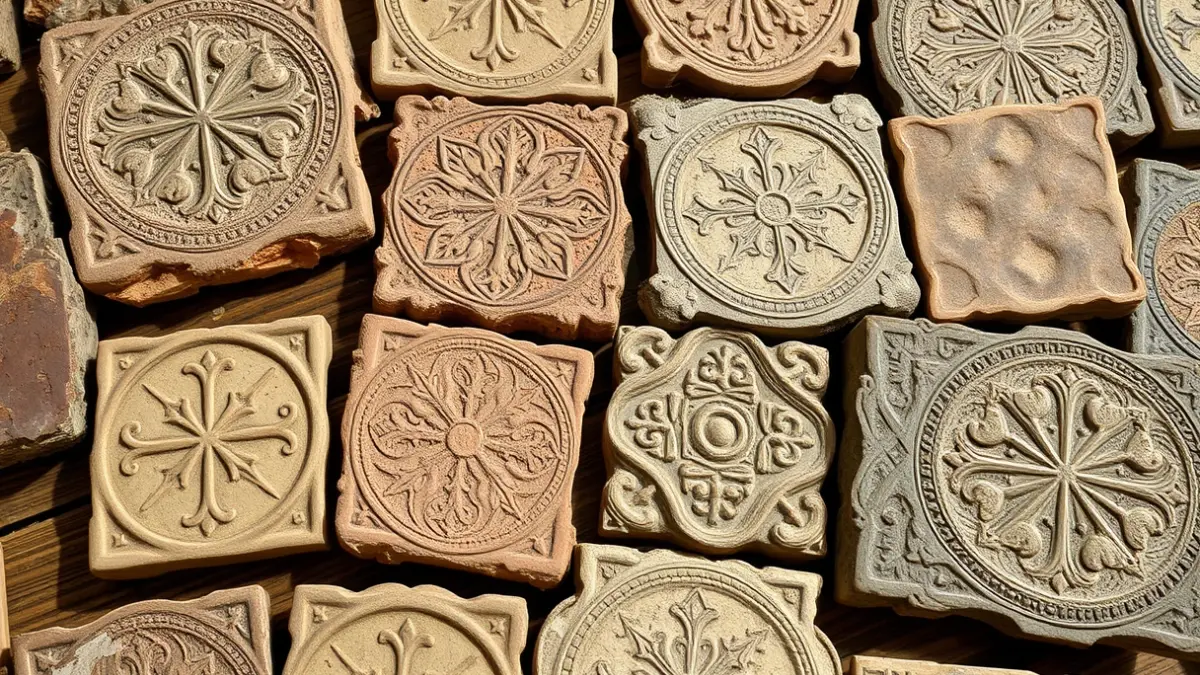 Image of restored Gothic ceramic tiles, with intricate patterns, on a wooden surface.