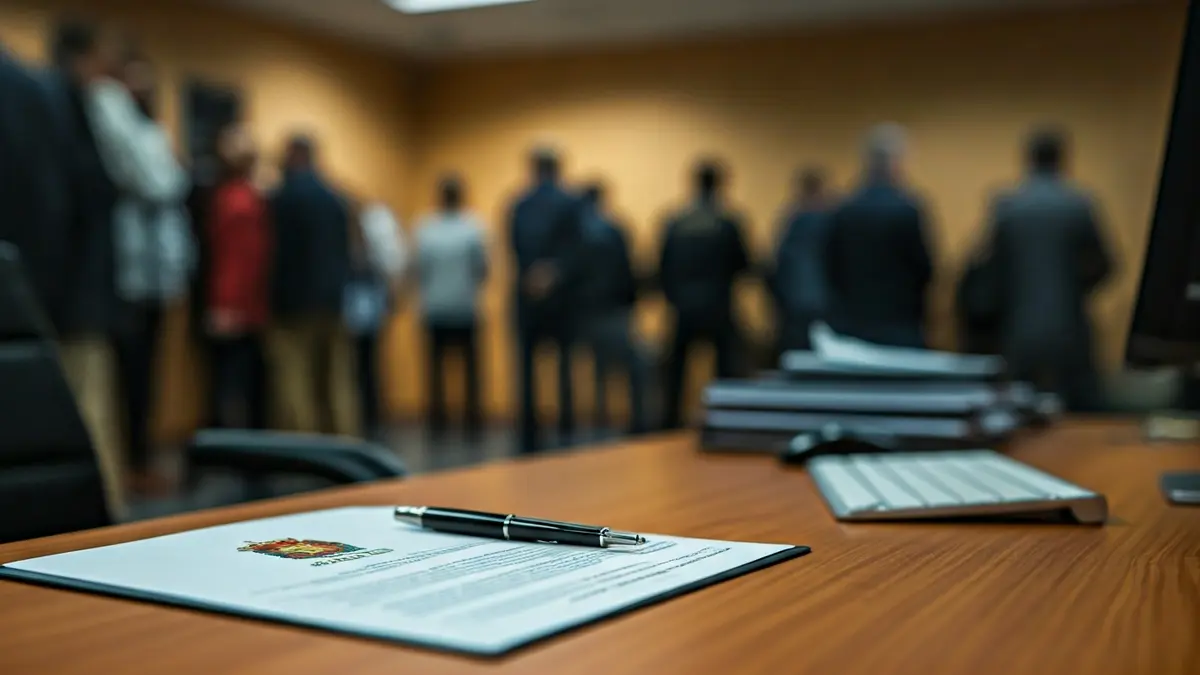 Generic image of an office desk with blurred documents and a Guardia Civil emblem.
