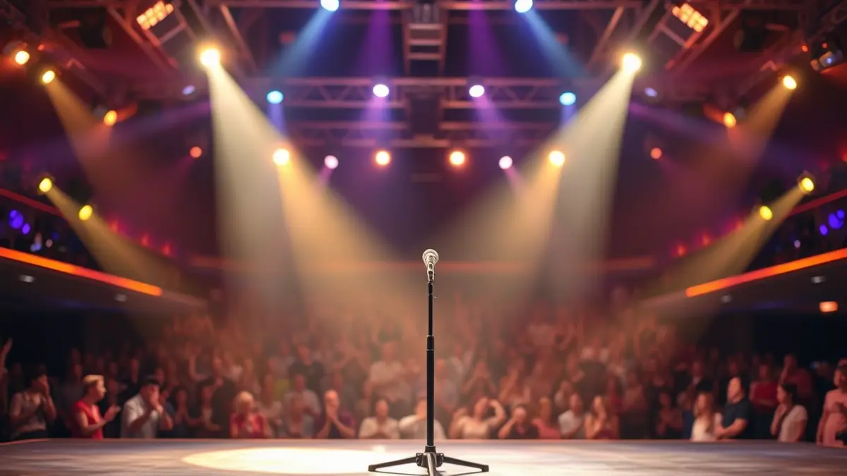 Imatge genèrica d'un escenari de concurs musical amb focus i un micròfon buit, amb el públic difuminat al fons.
