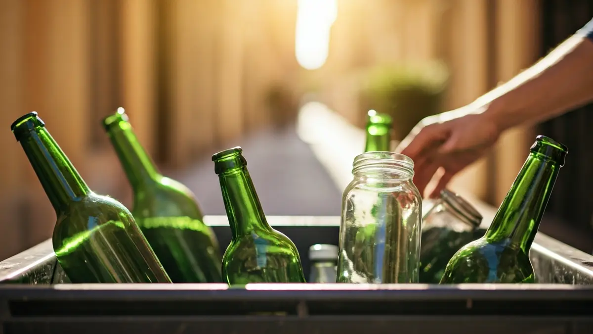 Imatge genèrica d'envasos de vidre en un contenidor de reciclatge verd.