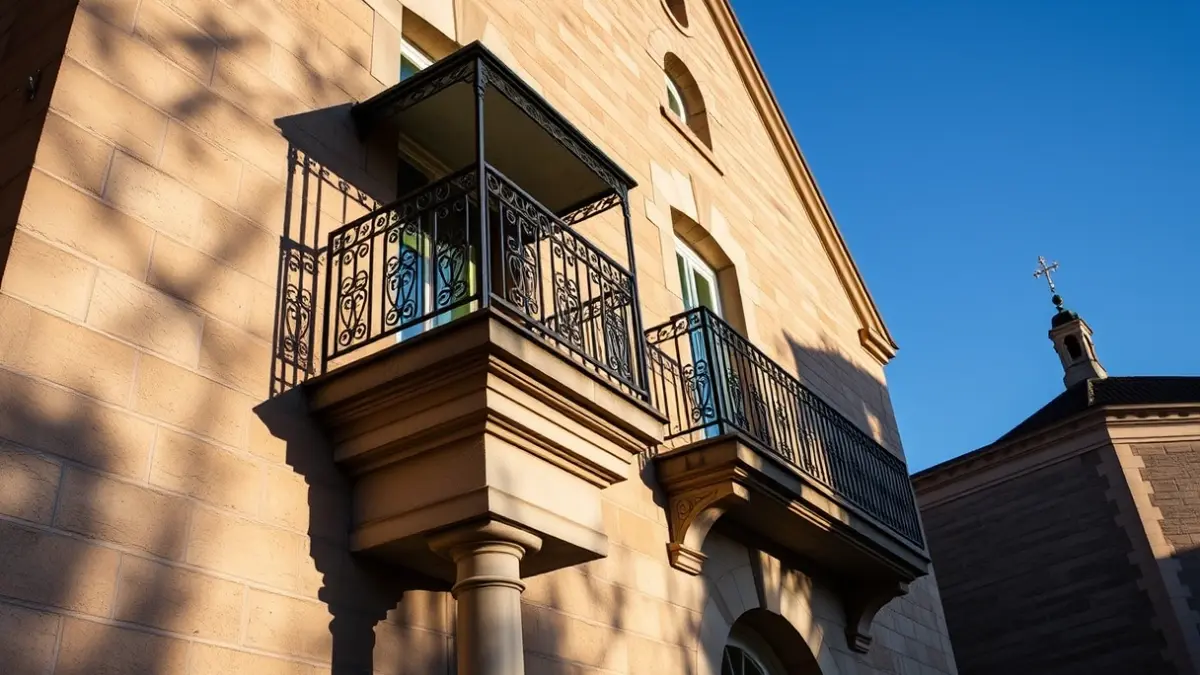 Facade of Alcoy's town hall with a balcony and iron railings, illuminated by the afternoon sun.