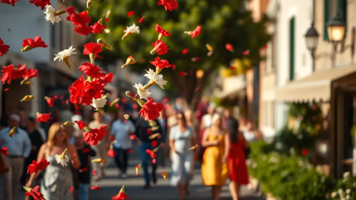 Imagen de una lluvia de claveles rojos y blancos en una calle de Alcoy durante las Fiestas de Moros y Cristianos.