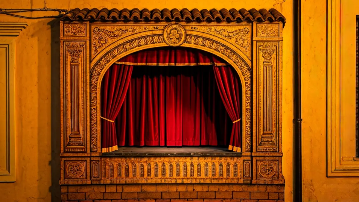 Imatge d'un escenari de teatre de titelles tradicional, buit i amb poca llum, amb un arc de prosceni ornamentat.