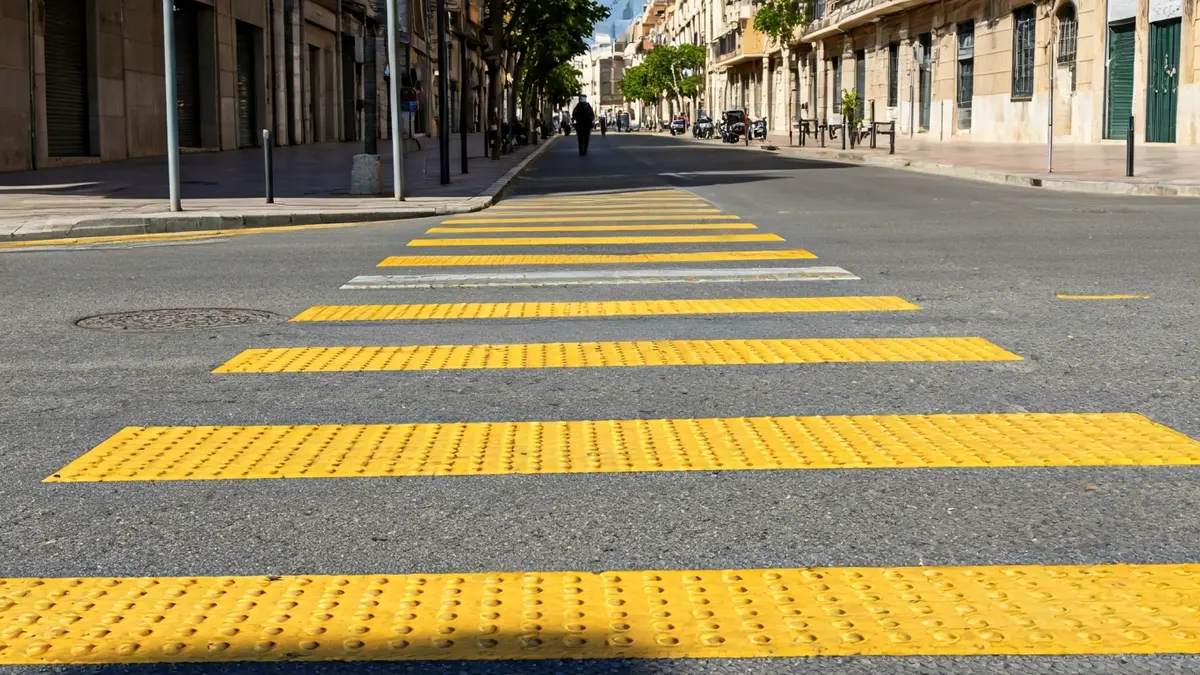 Generic image of an accessible pedestrian crossing with tactile paving and improved signage.