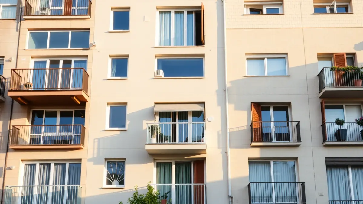 Imagen de la fachada de un edificio intergeneracional moderno en un entorno urbano mediterráneo.