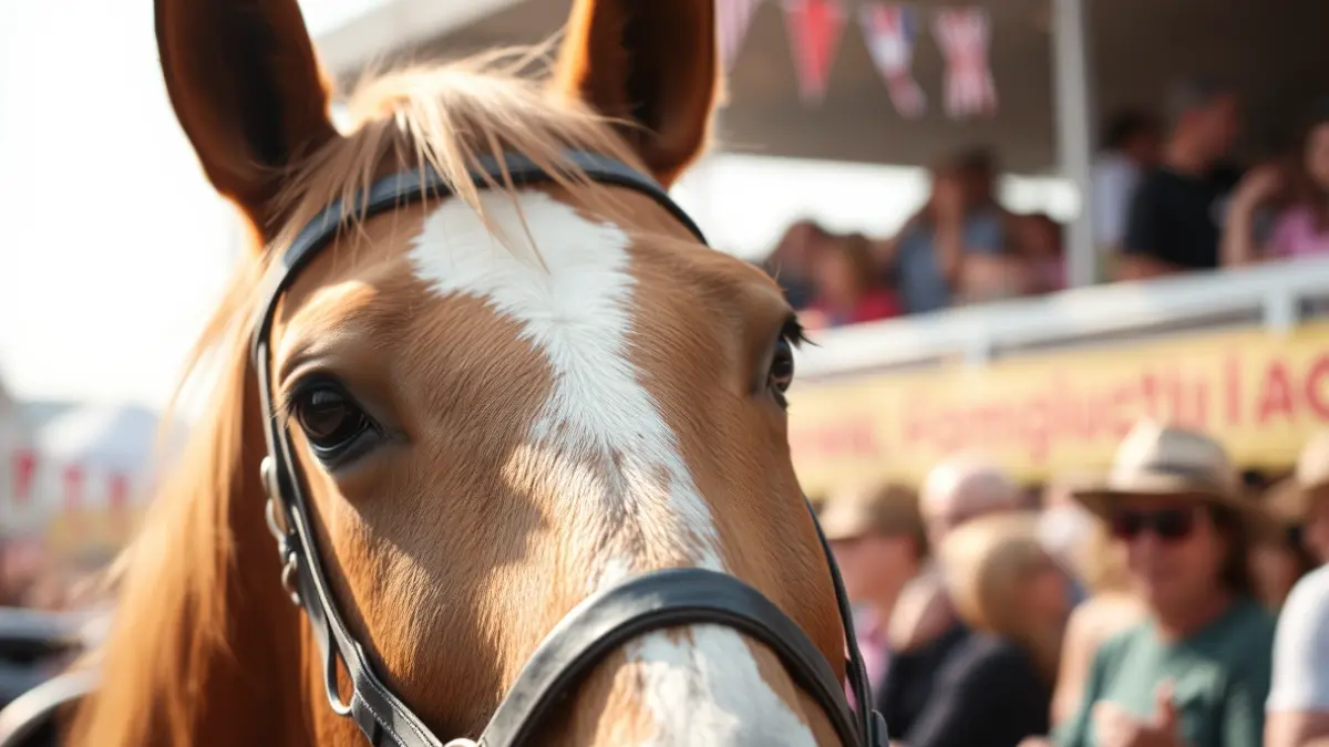 Image of a horse in a festive atmosphere, with blurred people in the background.
