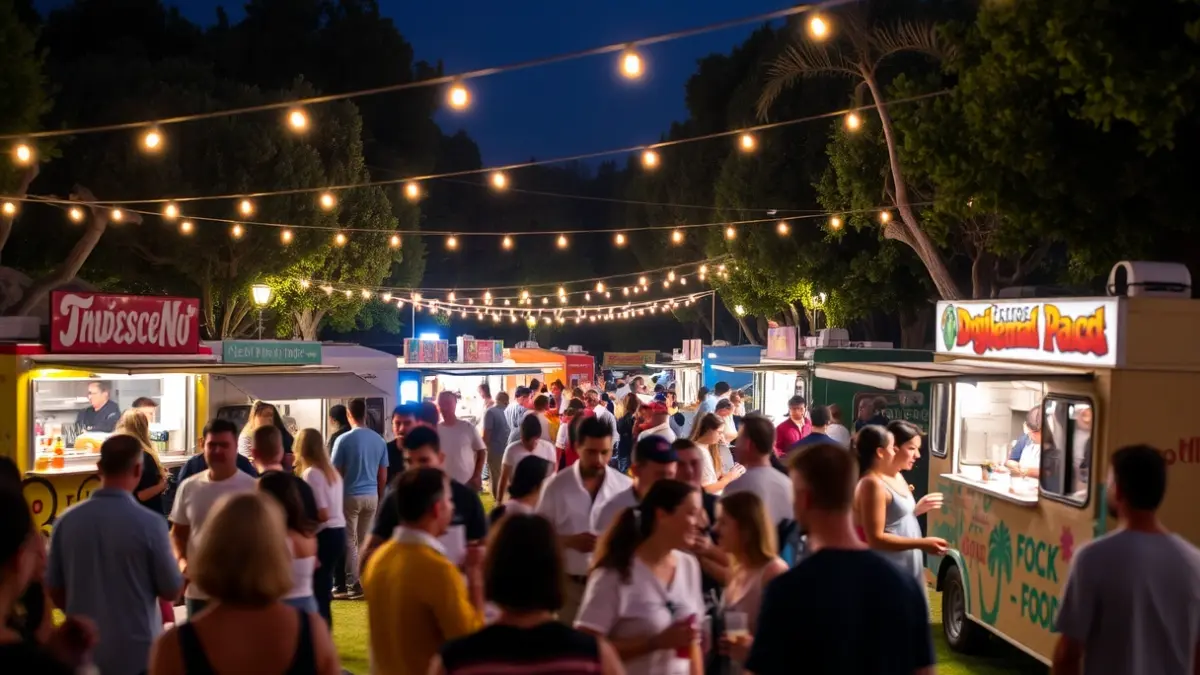 Image of a food truck fair in a Mediterranean park at night, with lights and people enjoying the festive atmosphere.