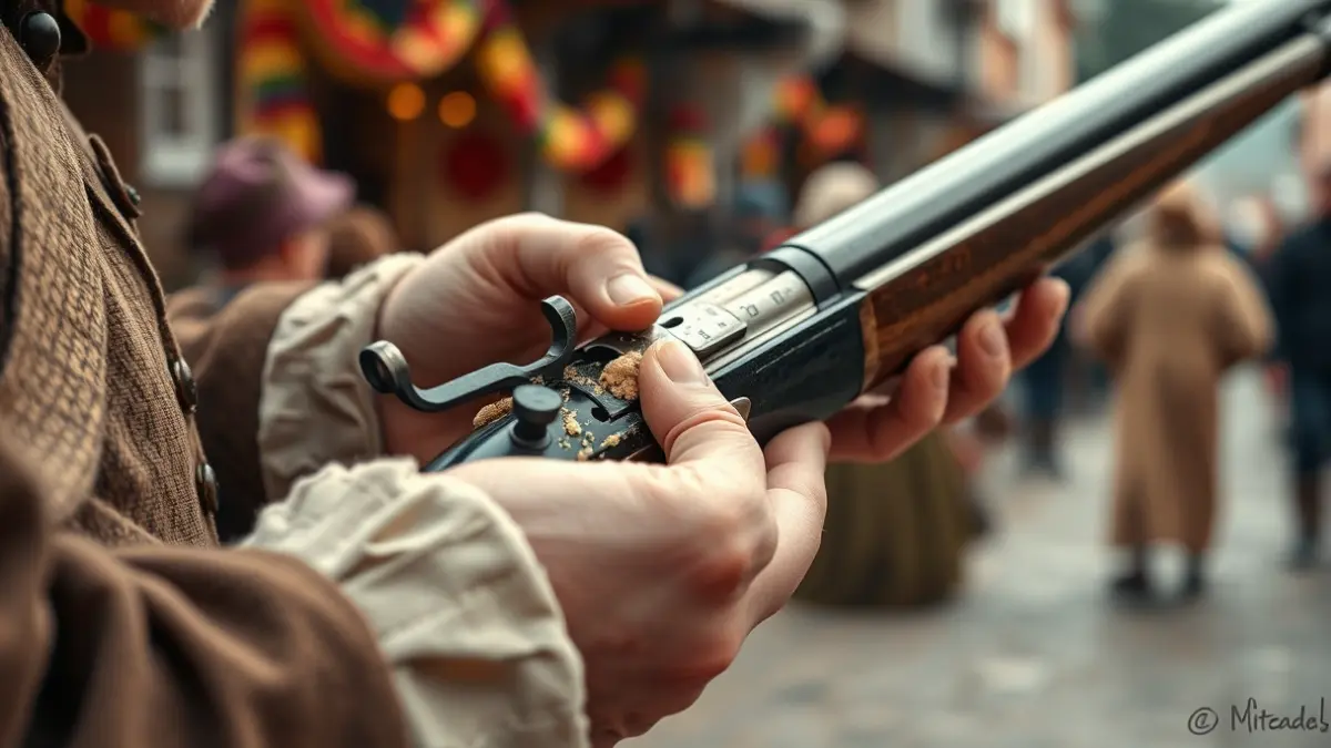 Imatge d'un fester carregant una arcabús amb pólvora durant les festes de Moros i Cristians d'Alcoi.