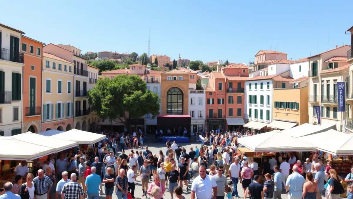 Image of a community fair in a square, with various stalls and activities.