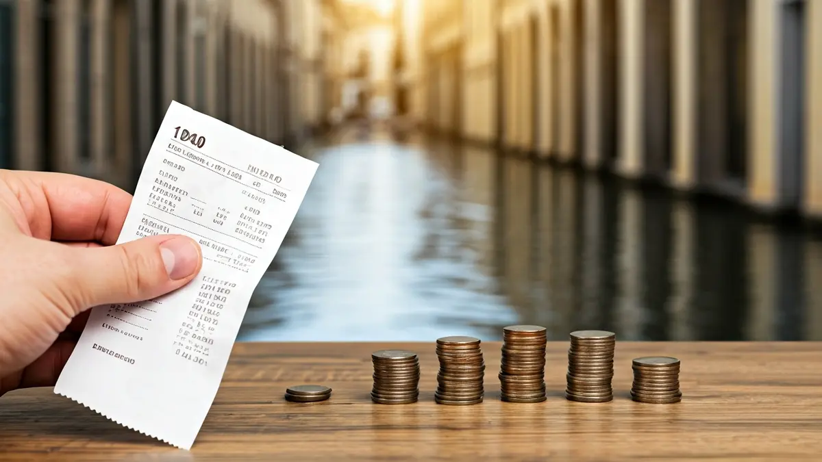 Generic image of a tax receipt and coins, with a background suggesting flooding.