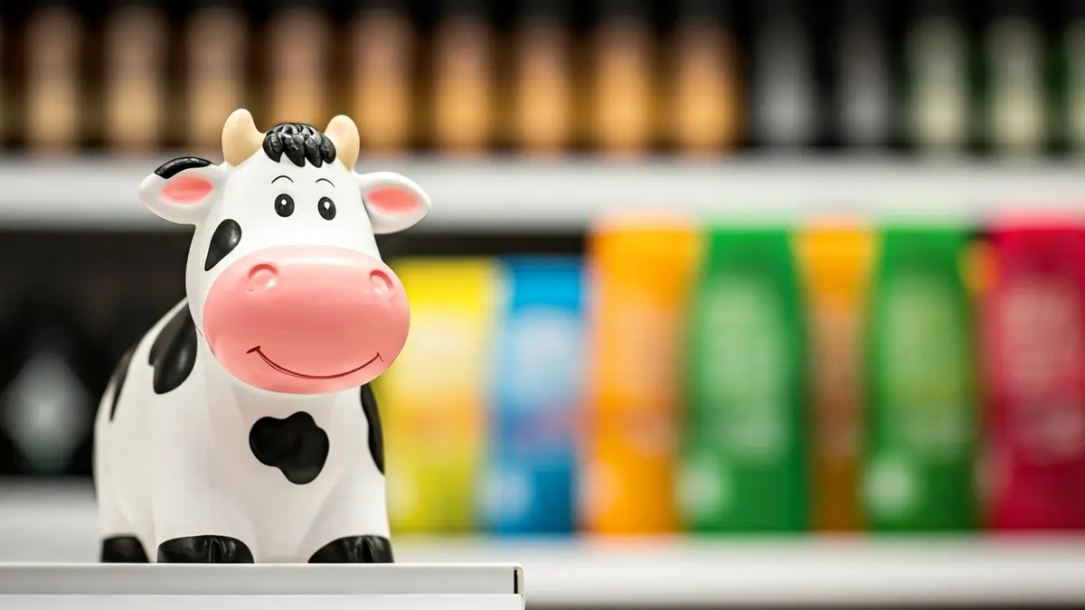 Imatge d'una vaca de joguina, símbol de la marca Ale-Hop, en un entorn comercial.