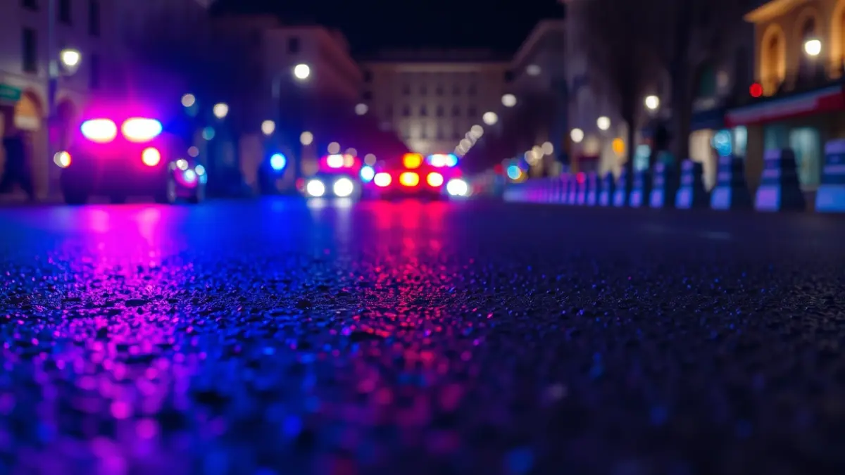 Imatge genèrica de llums d'emergència reflectint-se en asfalt mullat de nit.