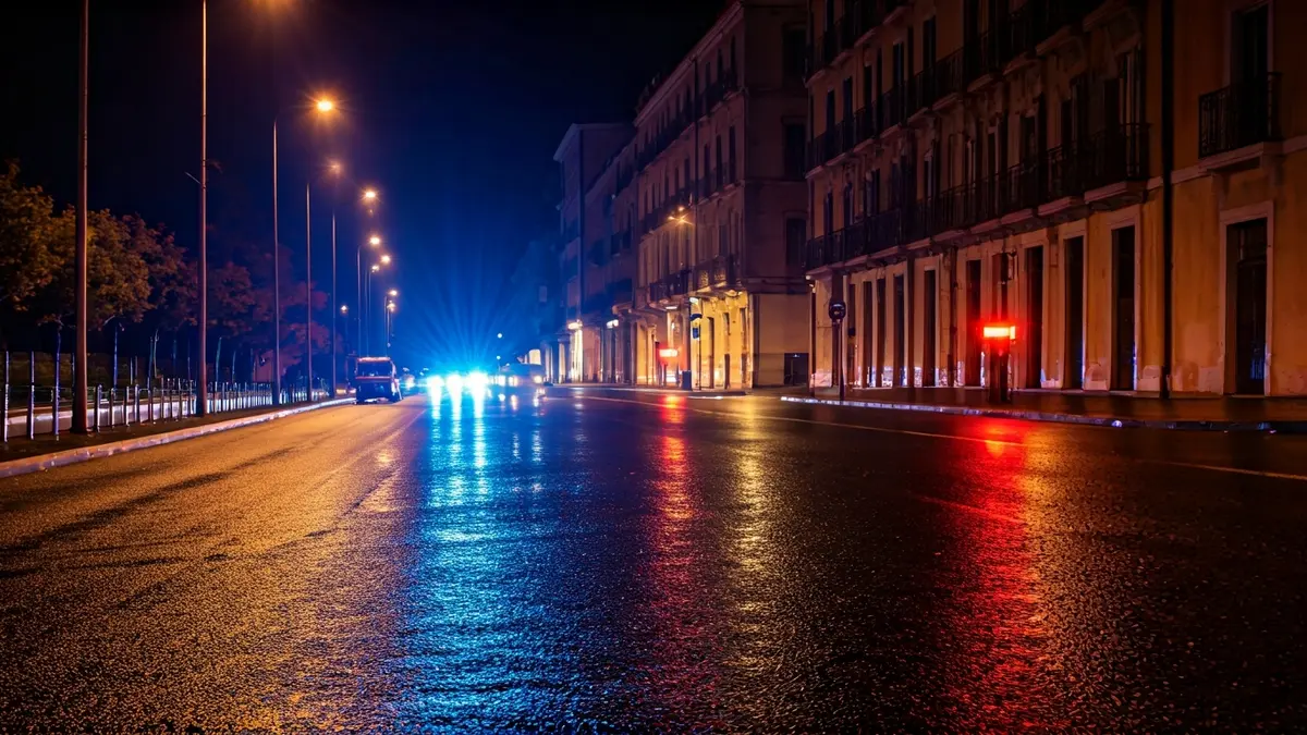Generic image of emergency lights reflecting on wet asphalt, indicating a weather alert.