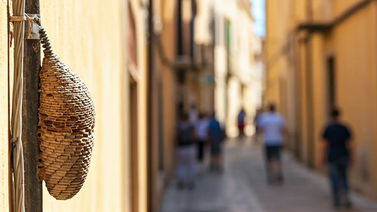 Imagen de una colmena de abejas en una fachada urbana.