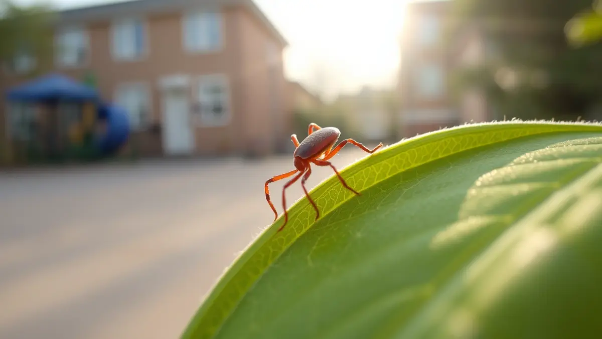 Generic image of a tick on a green leaf, with a blurred school playground in the background.
