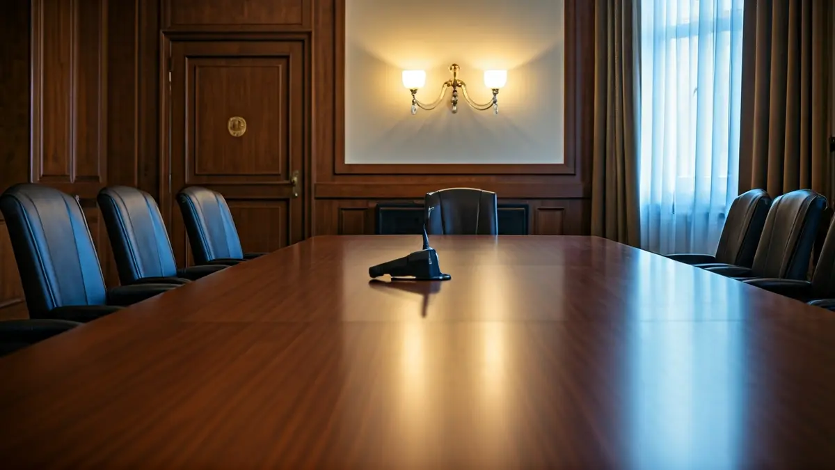 Generic image of a meeting room with a conference table and a microphone, suggesting an institutional discussion.