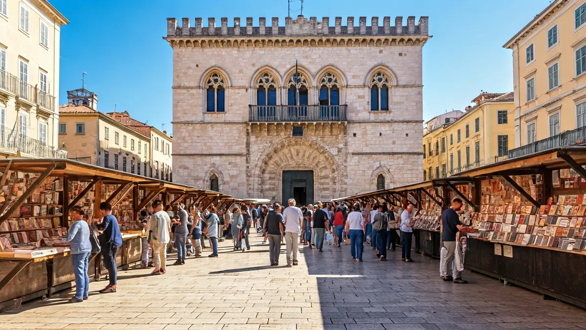 Imatge d'una plaça de poble mediterrània amb casetes de llibres i menjar, i l'ajuntament al fons.