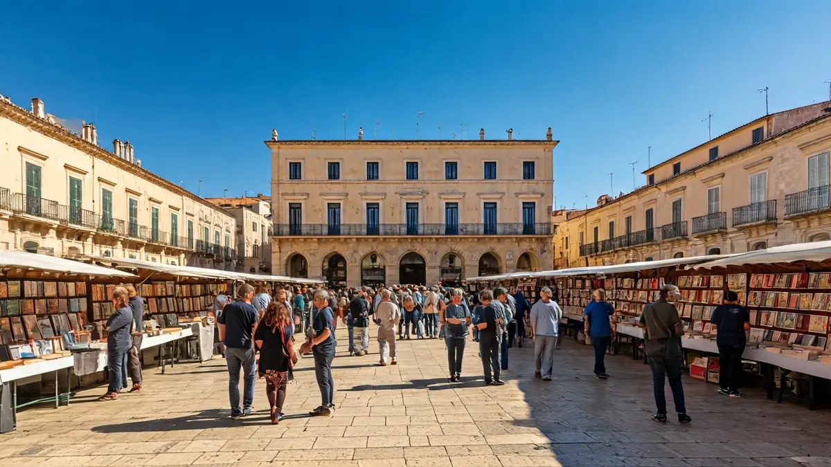 Image of a book and trade fair in a square, with people and stalls.