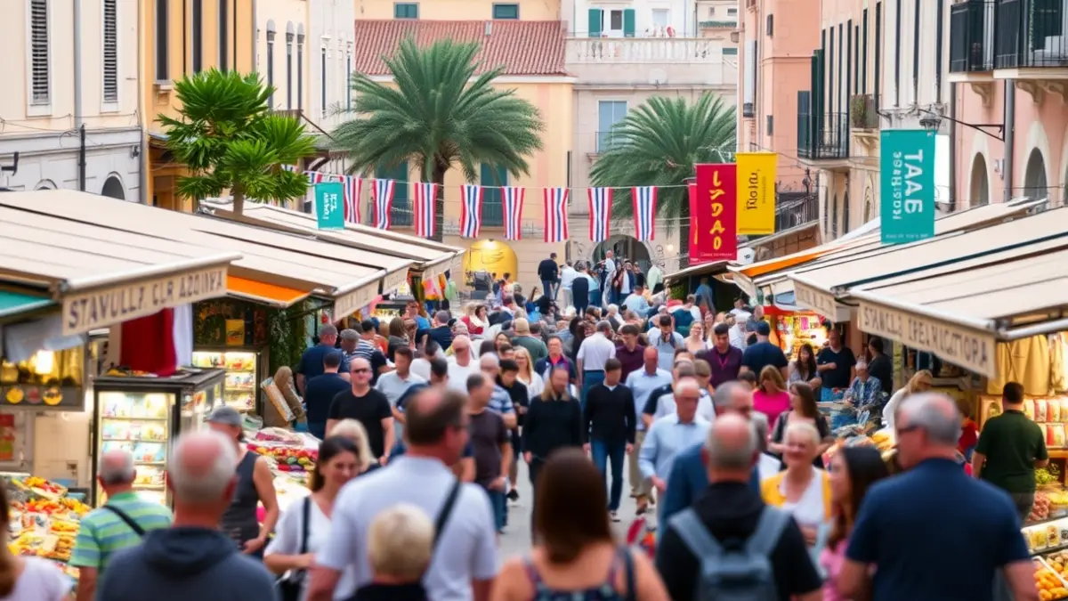 Image of a fair in a Mediterranean town square with people and stalls.