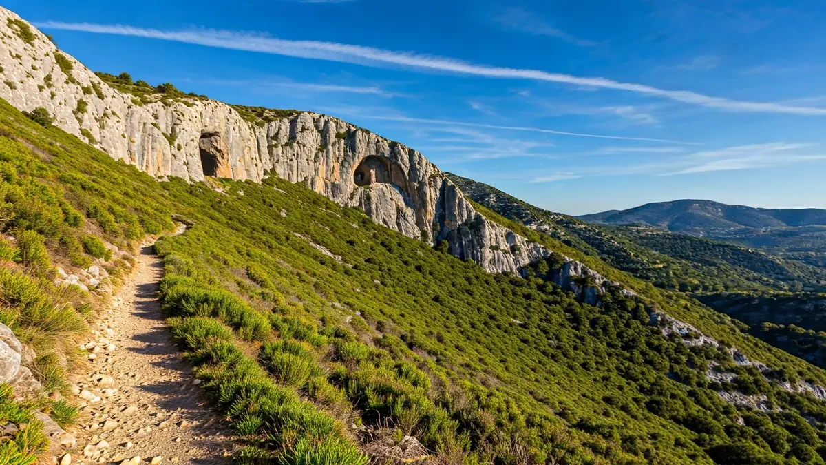 Image of a mountain trail leading to a cave in the Sierra de Espadán, with Mediterranean vegetation.