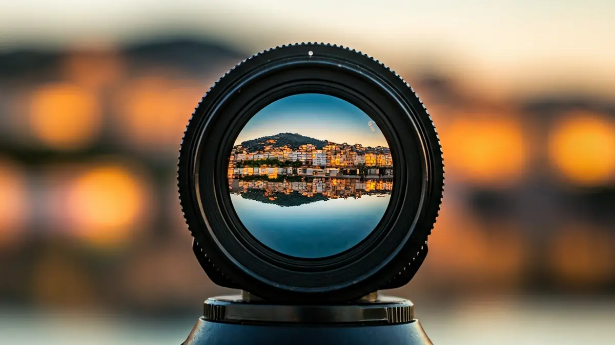 Imatge genèrica d'una lent de càmera reflectint un paisatge urbà mediterrani al capvespre.
