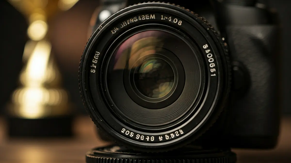 Generic image of a camera lens with an artistic reflection and an award in the background.