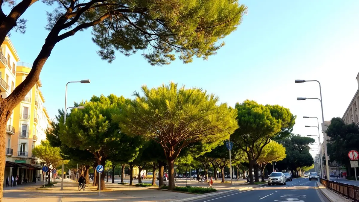 Image of an urban boulevard with pedestrian areas, trees, and a segregated bike lane in a Mediterranean city.