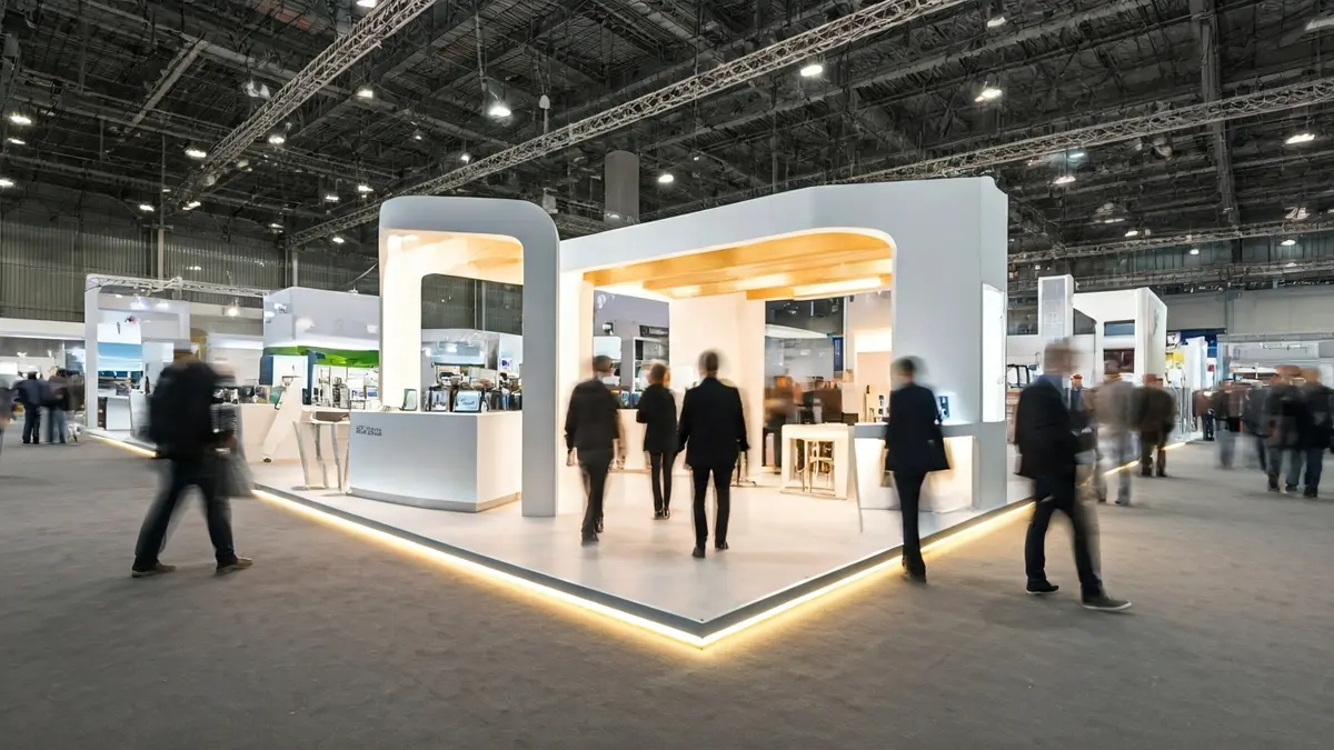 Imagen genérica de un stand de exposición en un centro comercial, con productos innovadores y gente borrosa al fondo.