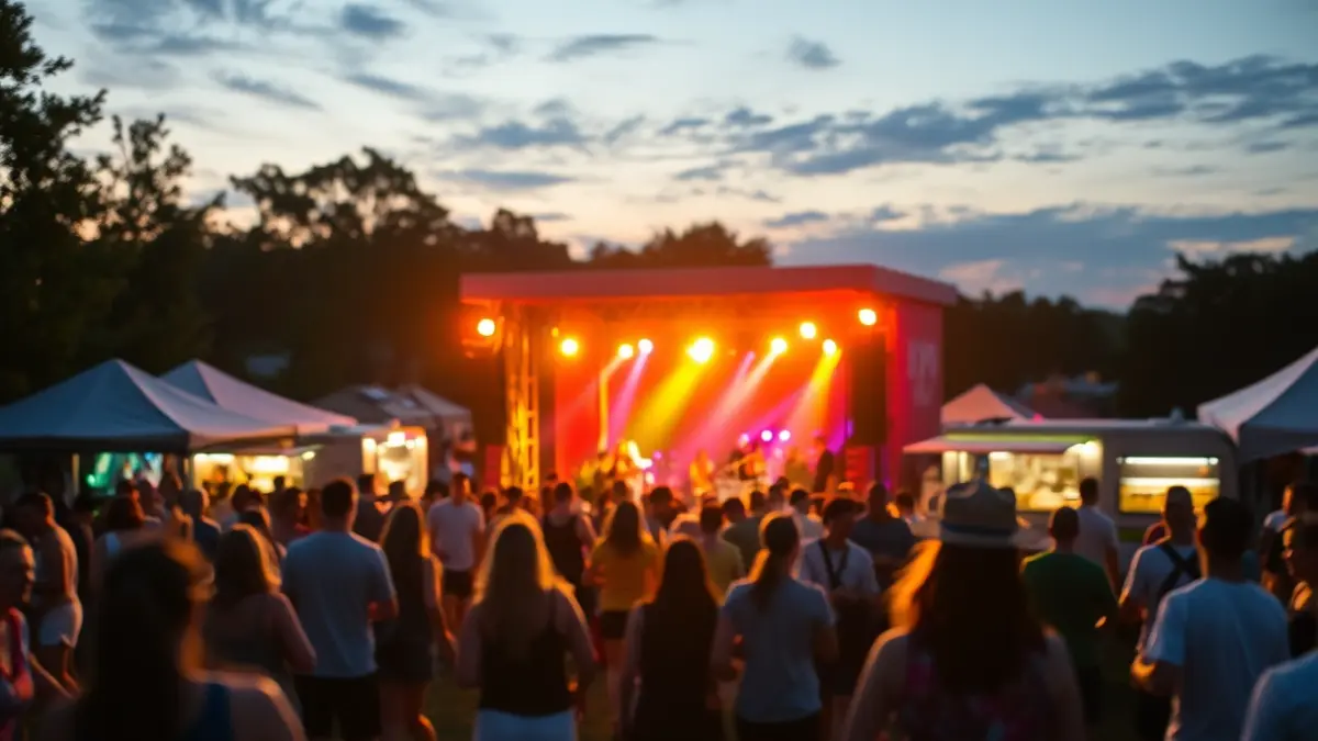 Imatge d'una festa a l'aire lliure amb música en viu, llums de colors i camions de menjar, ambientada en els anys 80 i 90.