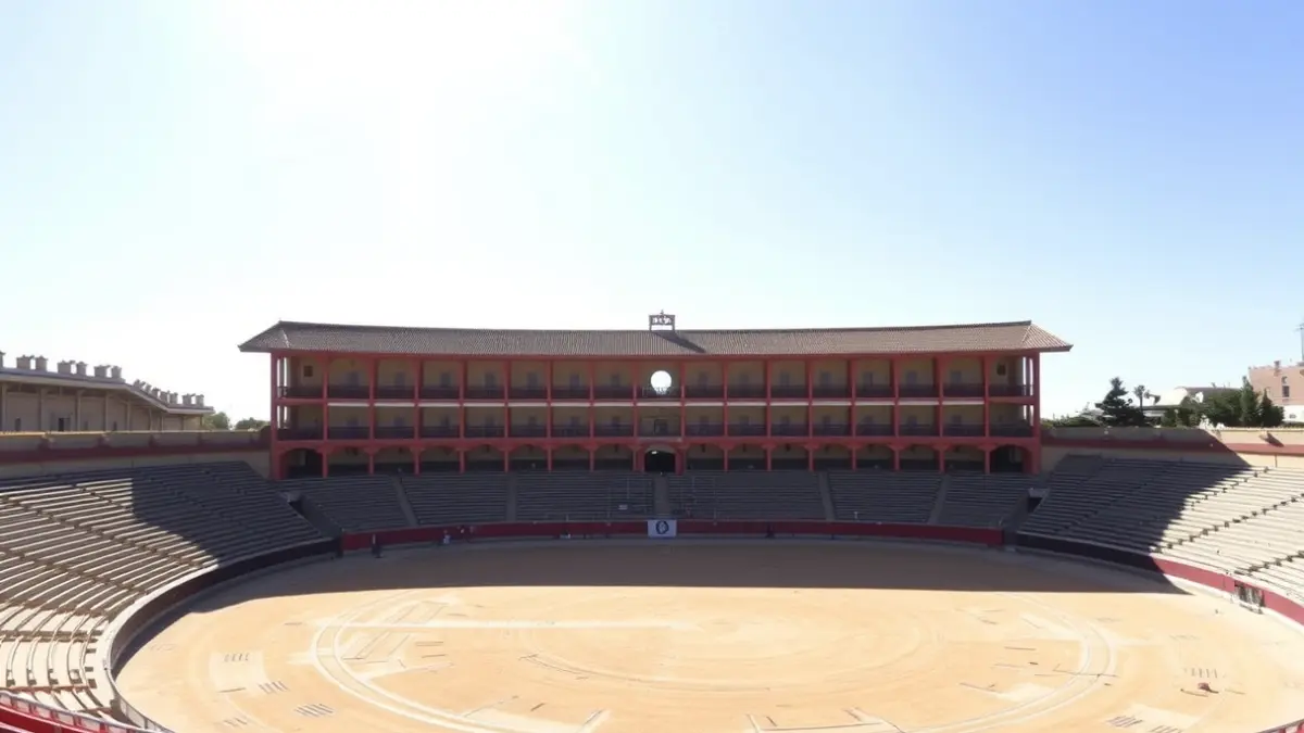 Imagen genérica de una plaza de toros con la arena de arena y las gradas vacías, bajo un cielo azul.