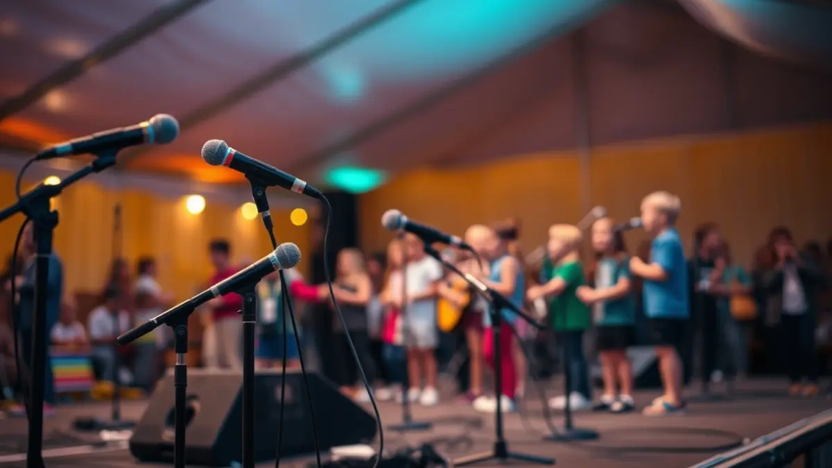 Imagen de alumnos actuando en un escenario con instrumentos musicales y micrófonos, en una carpa de fiestas.