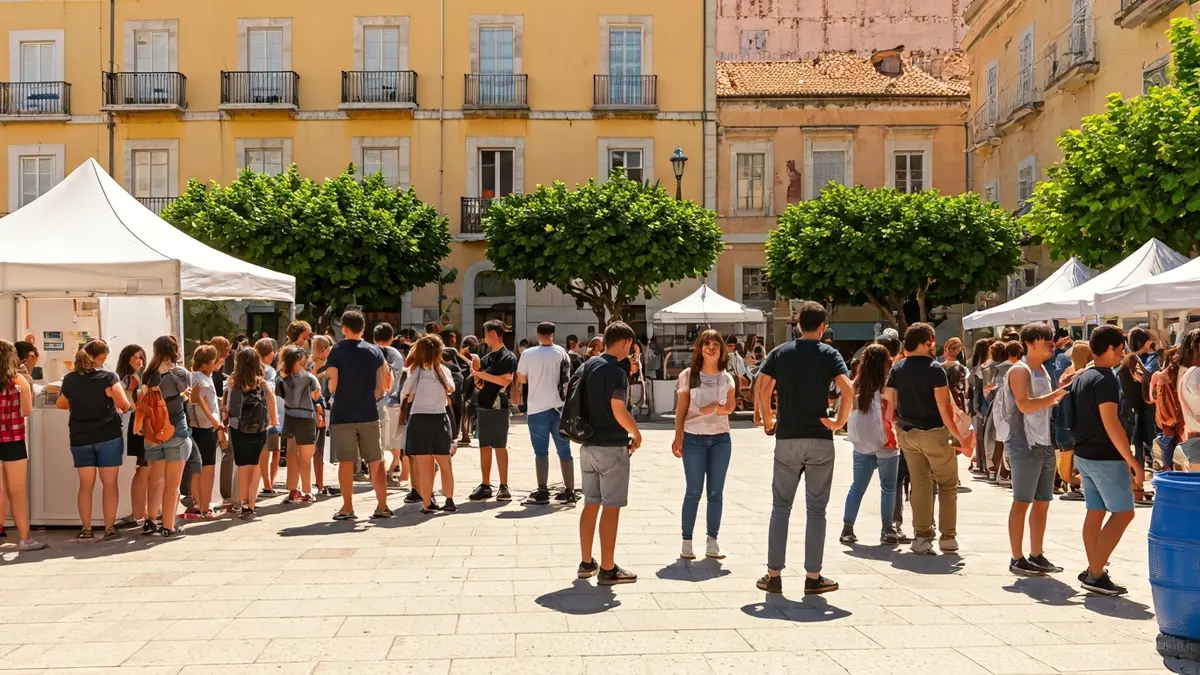 Imatge d'una plaça plena de jóvens participant en activitats lúdiques i informatives.