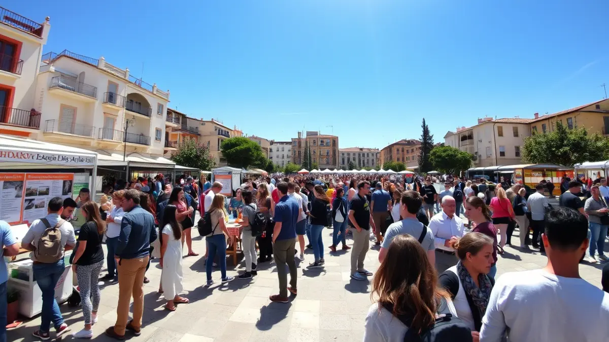 Imatge d'una plaça plena de joves participant en activitats i tallers, amb punts d'informació i un ambient animat de convivència.