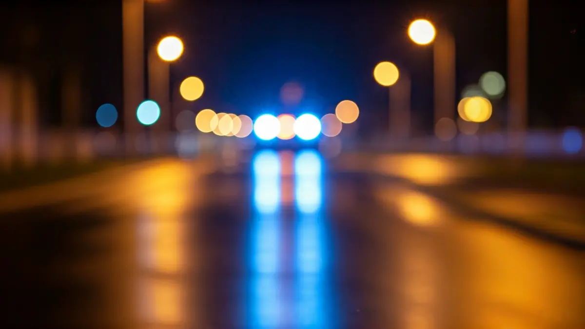 Generic image of emergency lights reflecting on wet asphalt at night.
