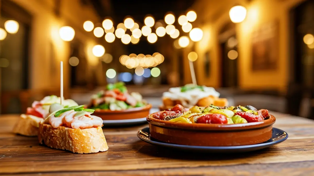 Imatge genèrica de tapes variades en una taula de fusta, amb un ambient de restaurant mediterrani desenfocat al fons.