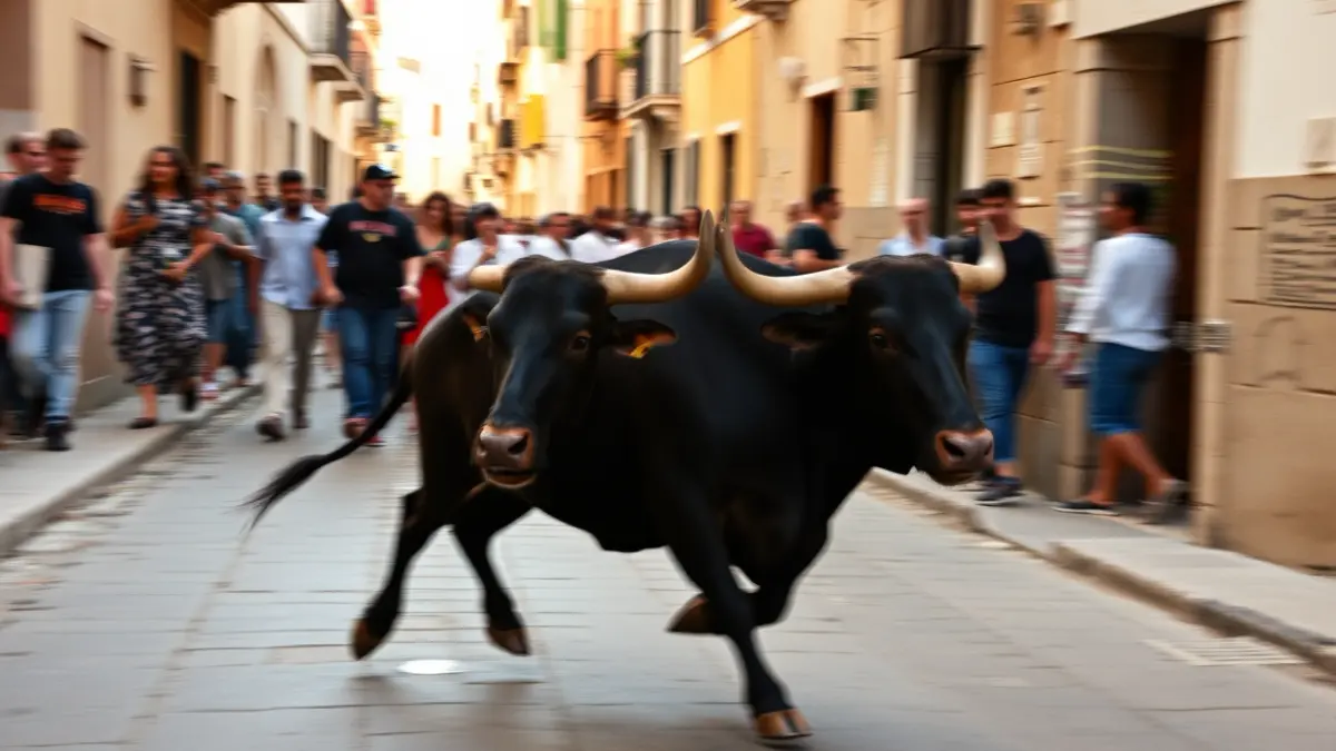 Imagen de un toro corriendo por una calle estrecha de un pueblo mediterráneo durante unas fiestas taurinas.