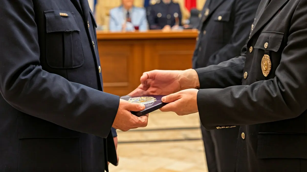 Image of a police officer's hand receiving an honorary distinction at a ceremony.
