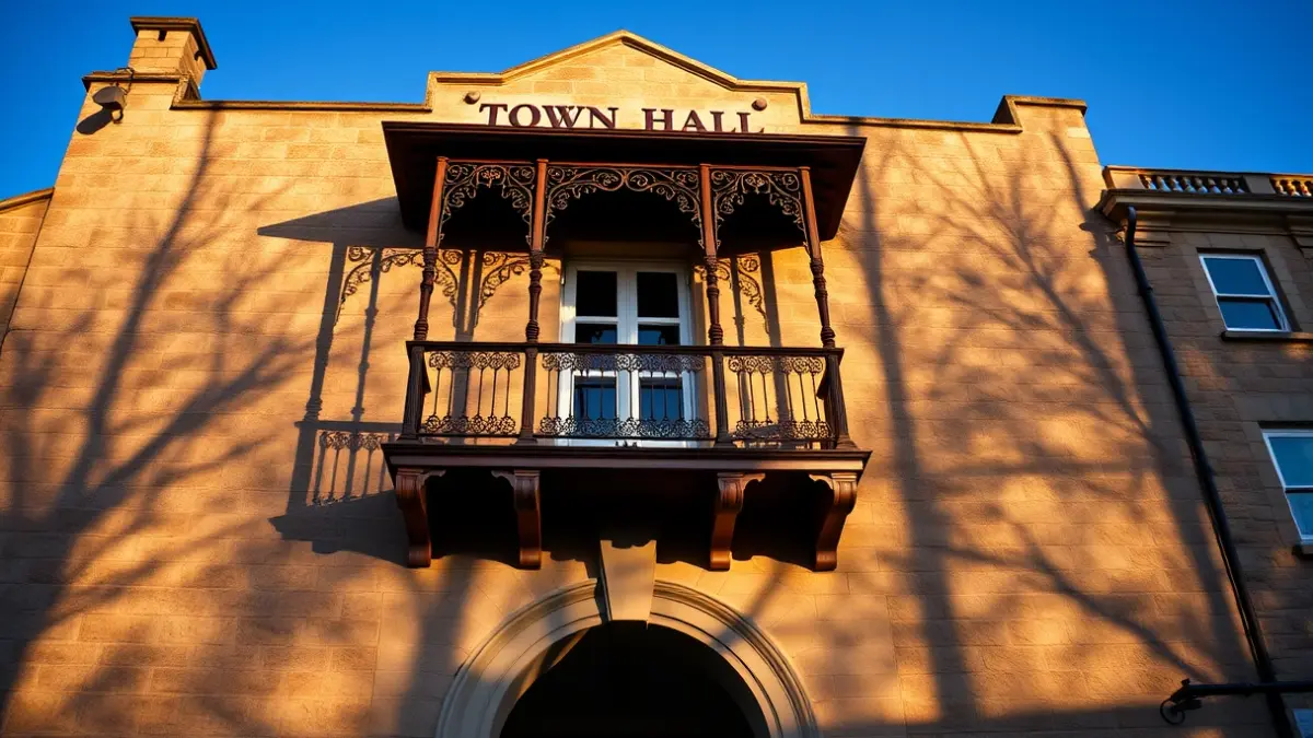 Façana de l'ajuntament d'Almassora amb balcó i baranes de ferro, banyada per la llum del sol de la vesprada.