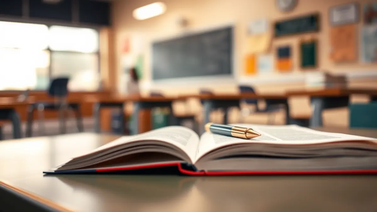 Imatge genèrica d'un pupitre escolar amb un llibre obert i un bolígraf, simbolitzant l'aprenentatge i el suport educatiu.