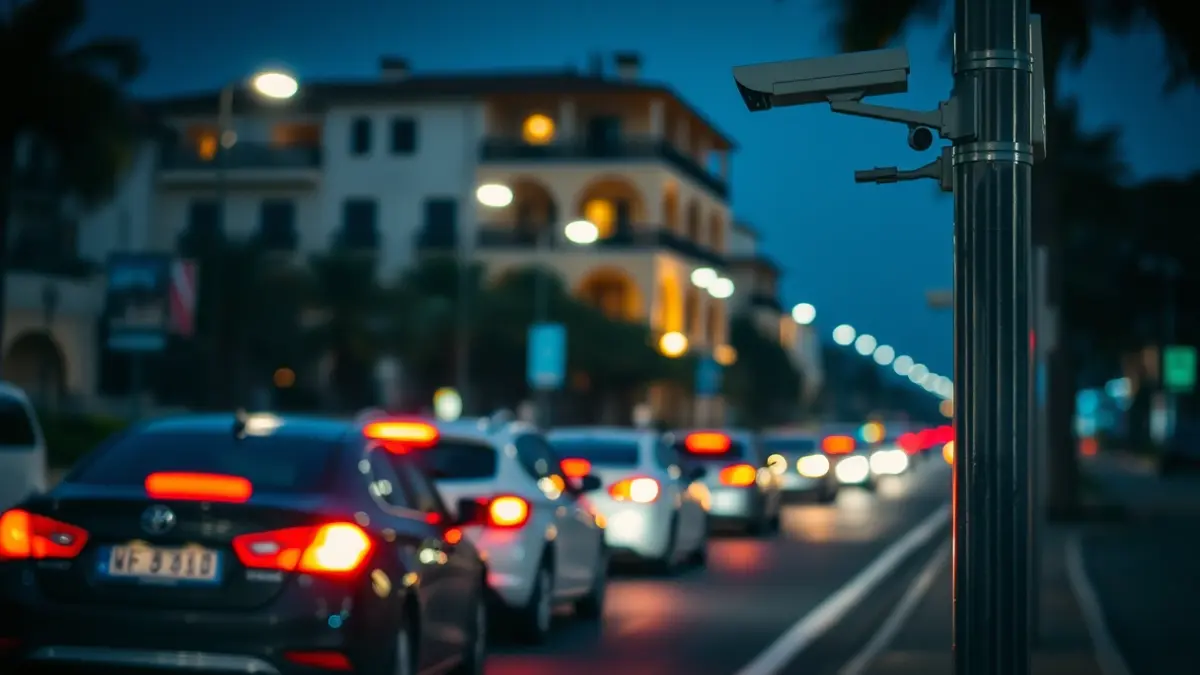 Imagen genérica de una red de videovigilancia en un entorno urbano nocturno, con luces borrosas de vehículos y cámaras de seguridad.