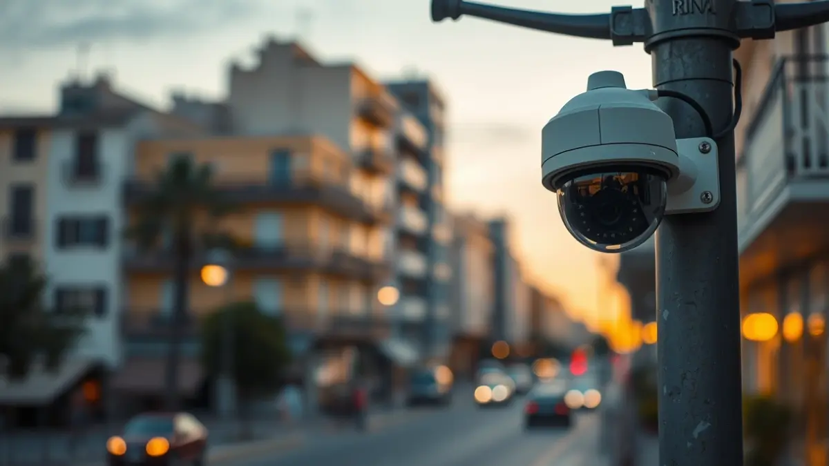 Imagen genérica de una cámara de videovigilancia urbana en un poste de luz.