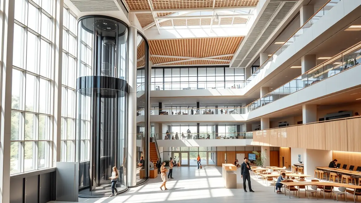 Image of the modernized interior of Almassora's House of Culture, featuring a panoramic elevator and multi-purpose spaces.