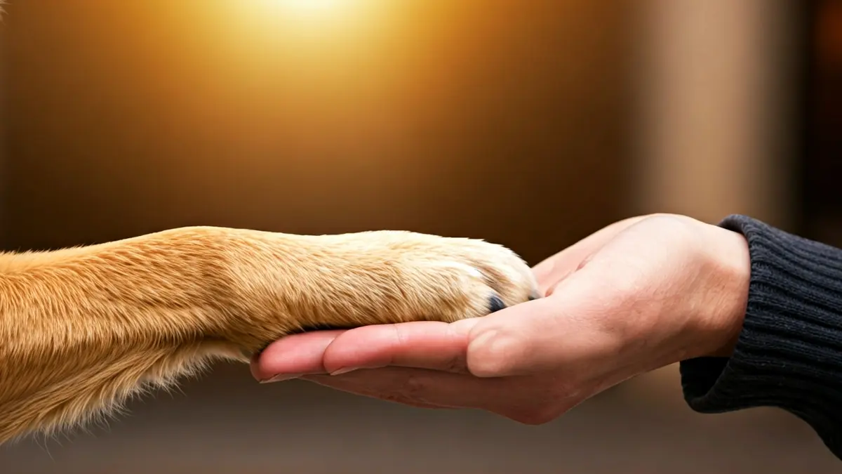 Generic image of a dog's paw on a human hand, symbolizing adoption and care.