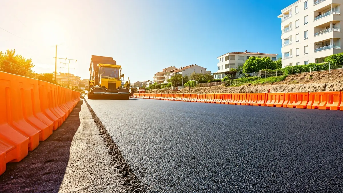 Imatge d'obres d'urbanització en un accés escolar, amb maquinària i barreres de seguretat.