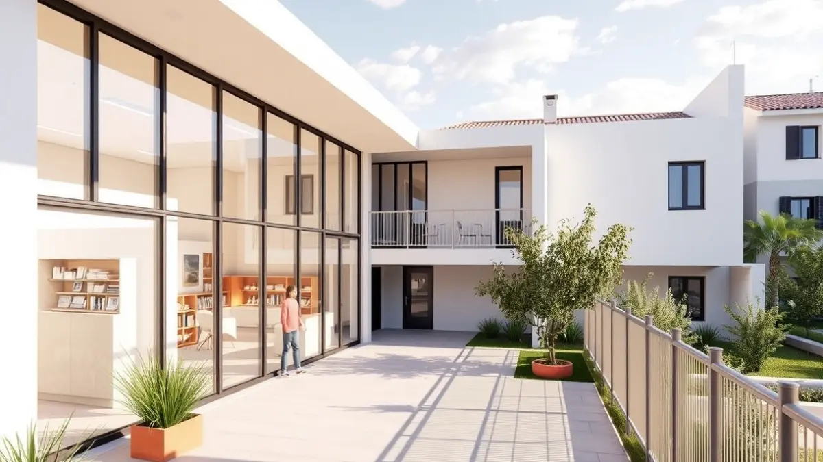 Imagen de un hospital de día infantojuvenil, con espacios luminosos y un patio exterior.