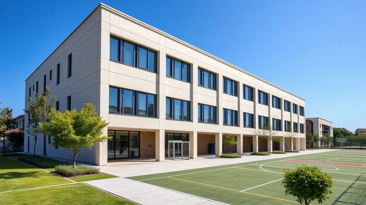 Image of the new CEIP number 4 in Almoradí, with its modern facade and green areas.