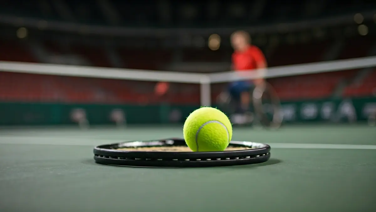 Imatge genèrica d'una pilota de tennis sobre una raqueta de tennis en cadira de rodes.