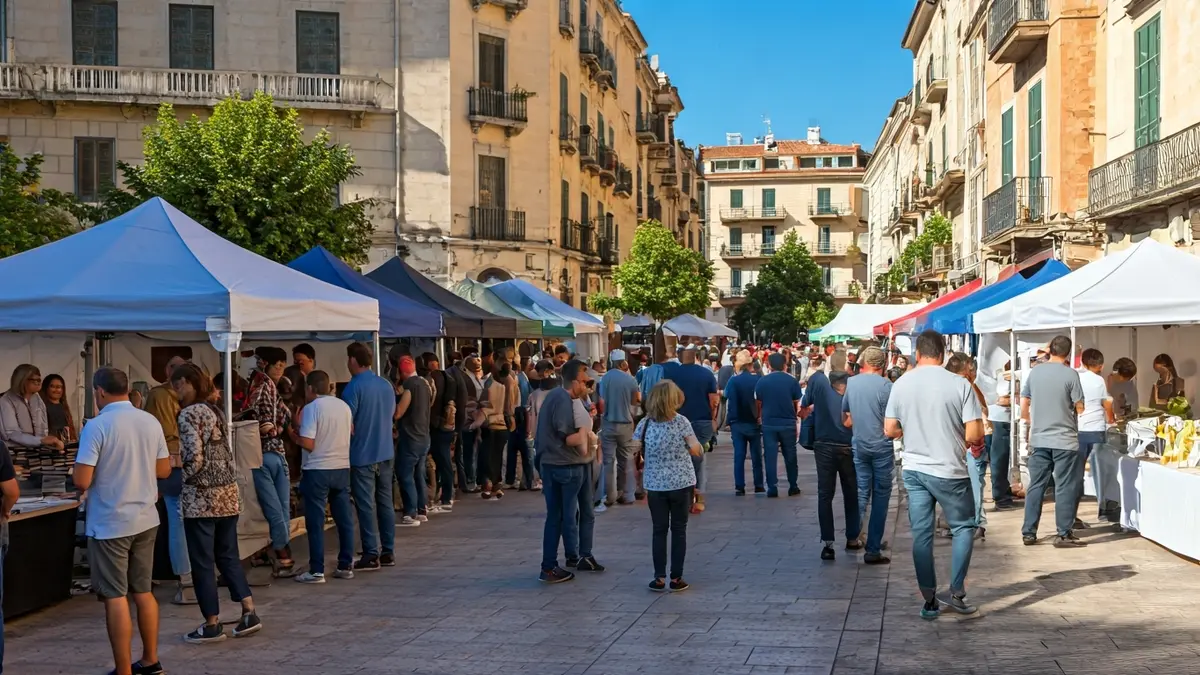 Imagen de una feria de asociaciones en una plaza mediterránea, con actividades y gente participando.